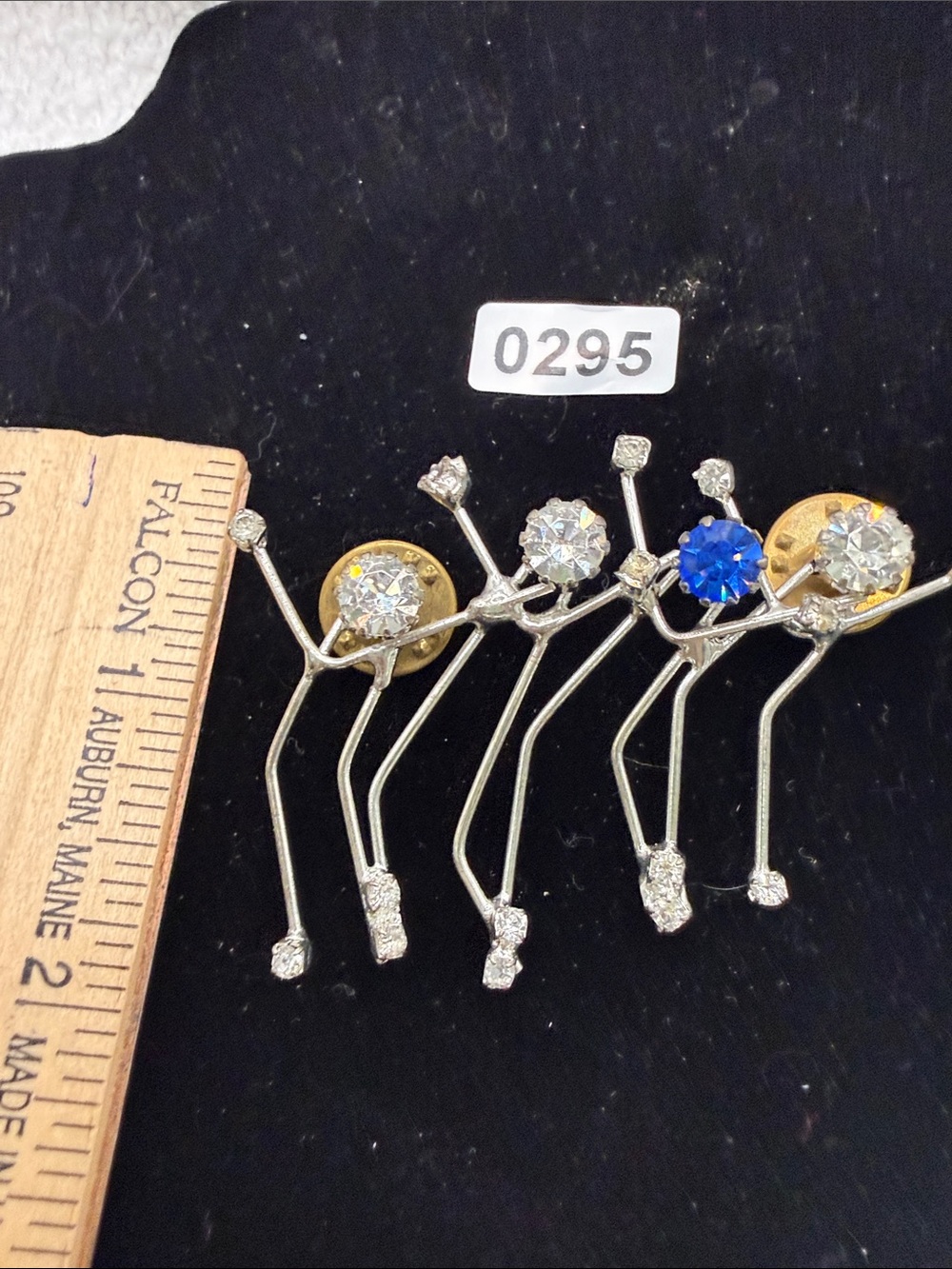 Sparkling Abstract Dancer Brooch Set in Clear and Blue Rhinestones